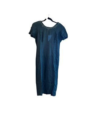 1980s CDC Petite Button-Down Short Sleeve Midi Dress Teal Embroidered Floral Acc
